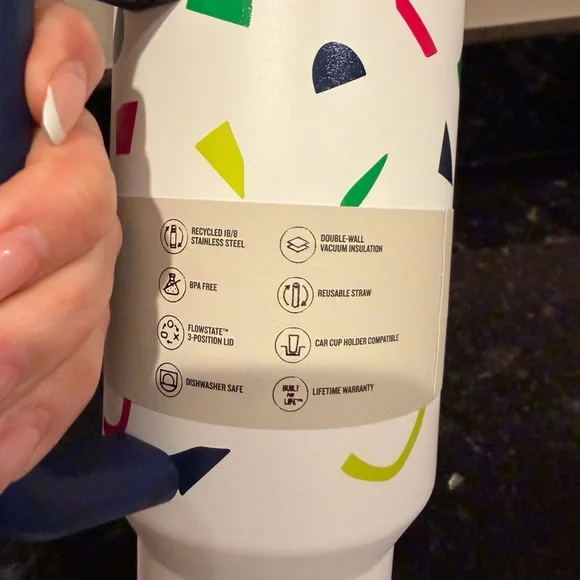 Stanley Quencher H2.0 Tumbler - White with Confetti Design And Blue Handle - Picture 3 of 6